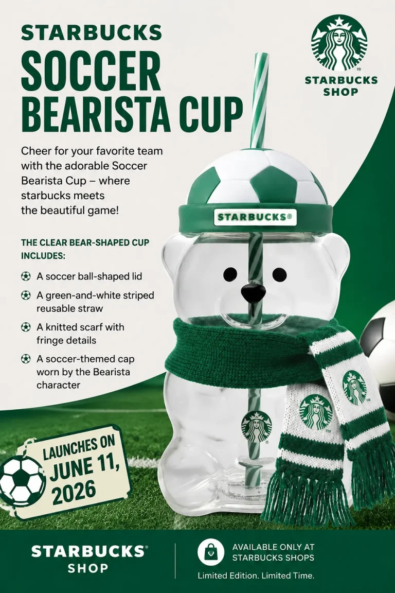 Starbucks Soccer Bearista Cup promotional poster featuring a clear bear-shaped cup with a soccer ball lid, green-and-white striped reusable straw, knitted scarf, and soccer-themed cap, launching June 11, 2026 at Starbucks Shop.