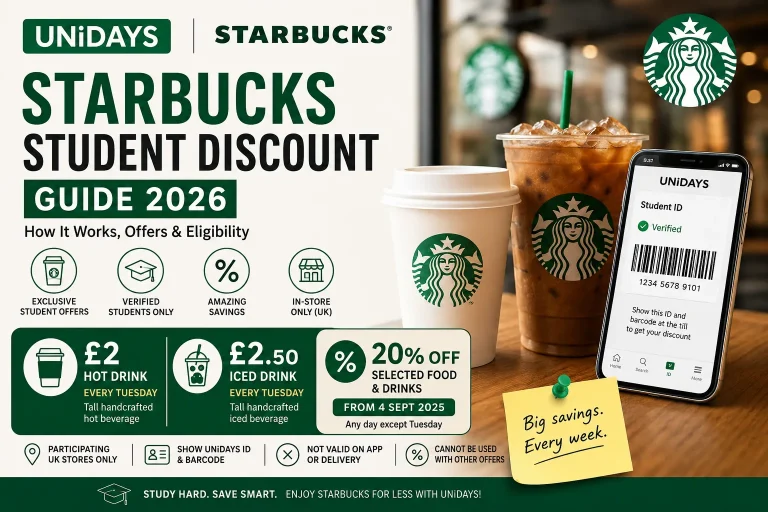 UNiDAYS Starbucks student discount app with coffee cups showing £2 Tuesday drink offer and 20% student savings